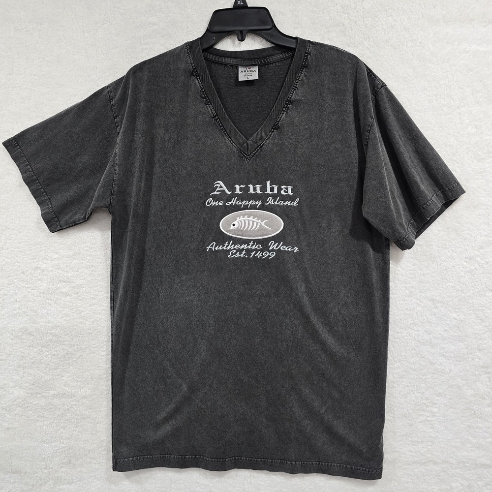 Aruba Men's Large Gray T-shirt Short‎ Sleeve V-neck One Happy Island Fish Print